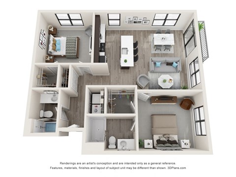 Floor plan for 2 beds, 2 baths, 1031 sqft